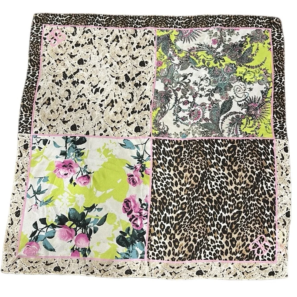 Pure Silk Scarf by Bassler leopard floral black cream pink teal 27x27